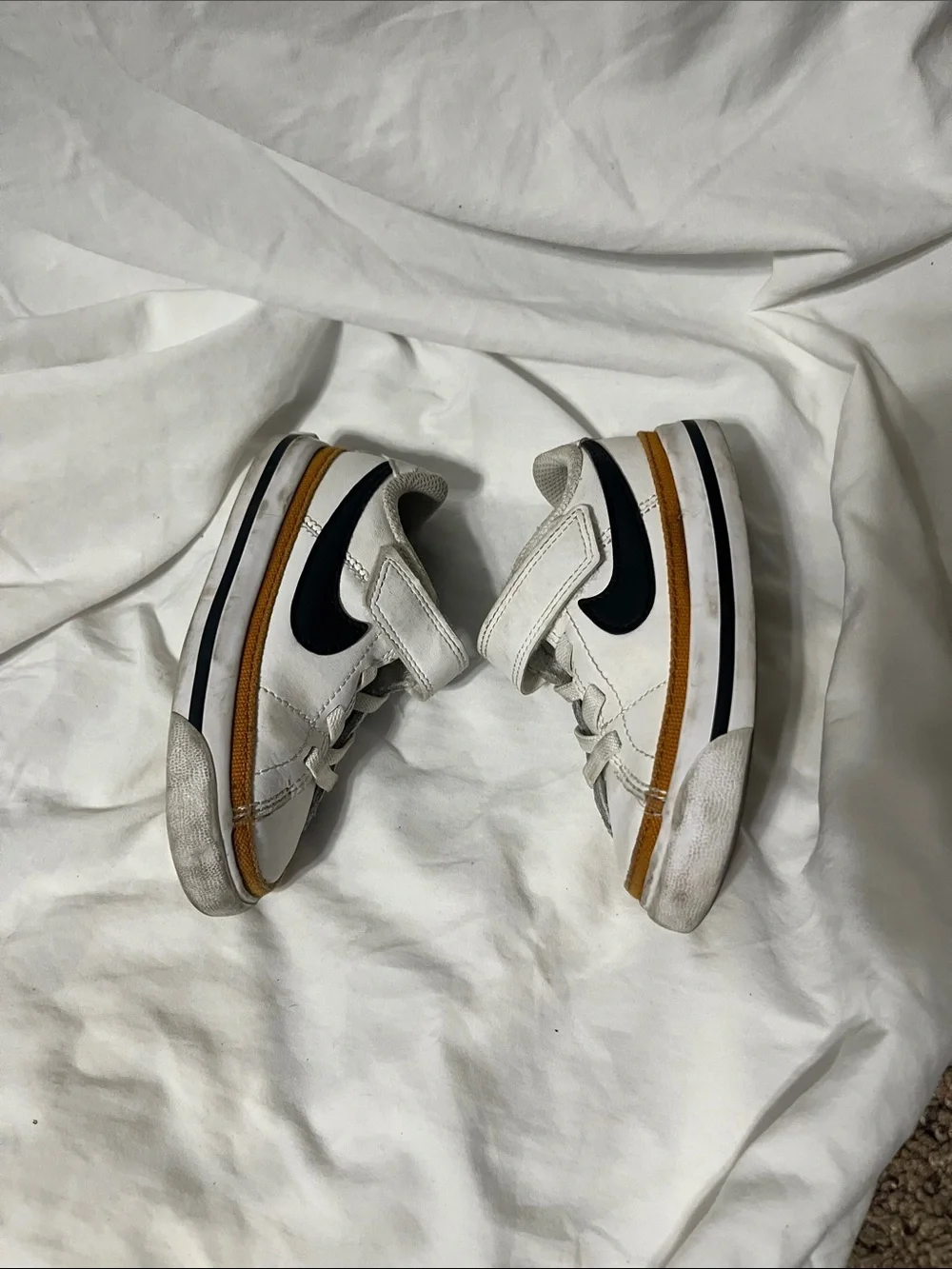 Nike Court Legacy Kids White Sneakers with Black Swoosh and Tan Accent